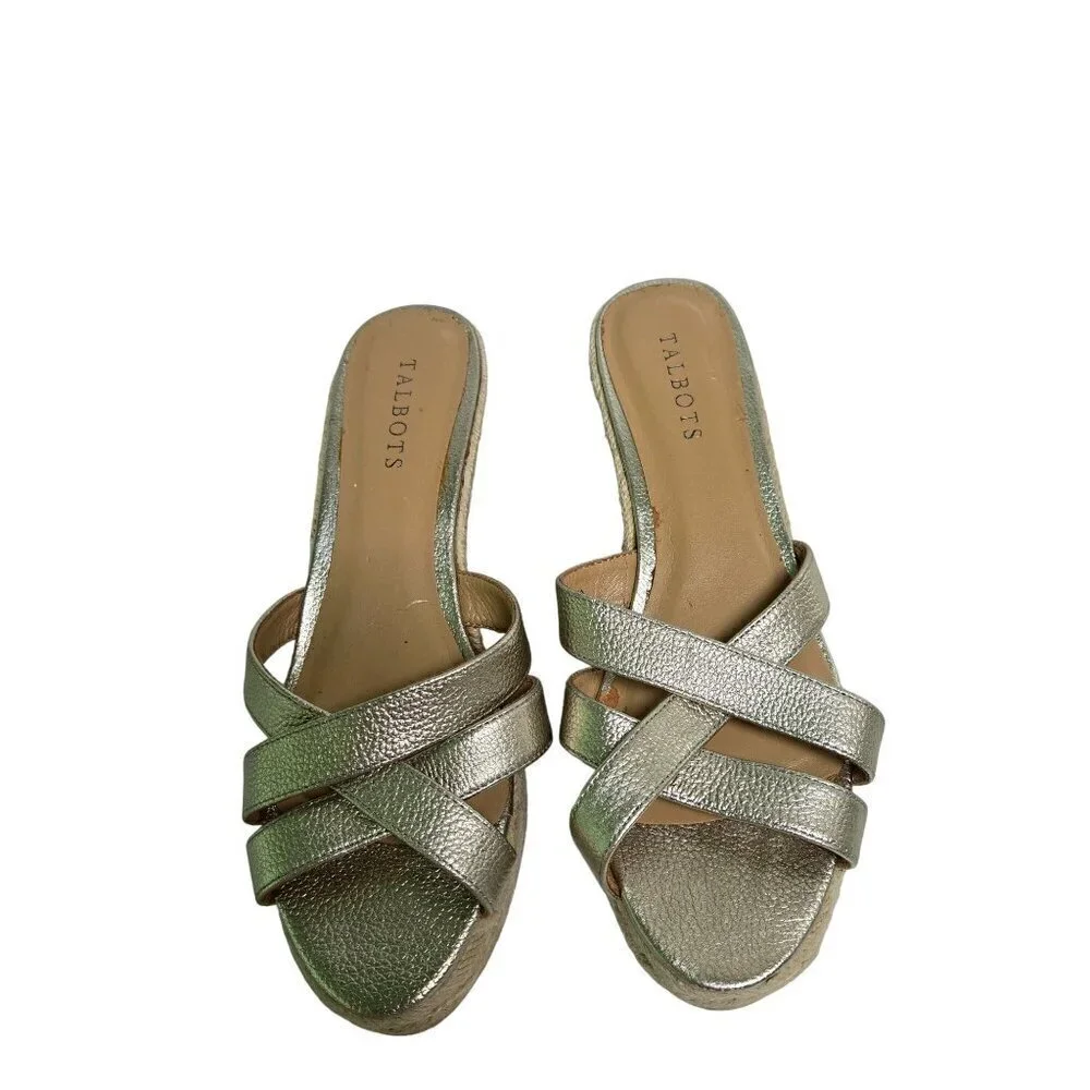 Talbots Gold Espardrille Wedge Slide Sandals Size 9M